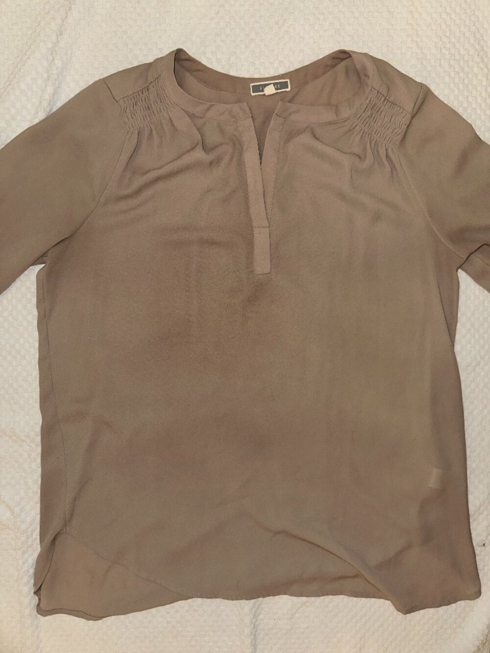Pleione Taupe Blouse Smocked Cuffs Size M
